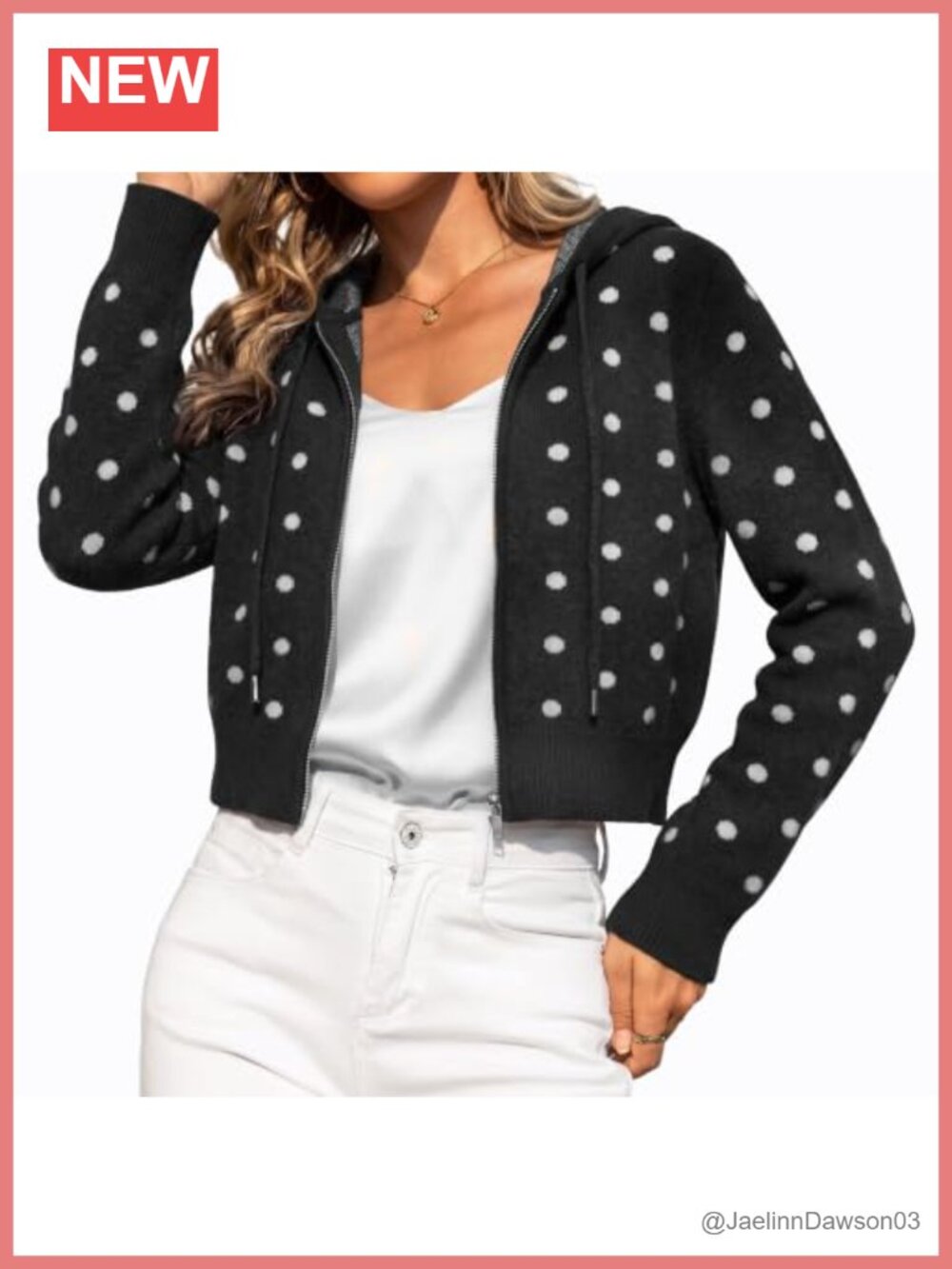 Polka Dot Zip Up Sweater Jacket Hooded Cardigan
